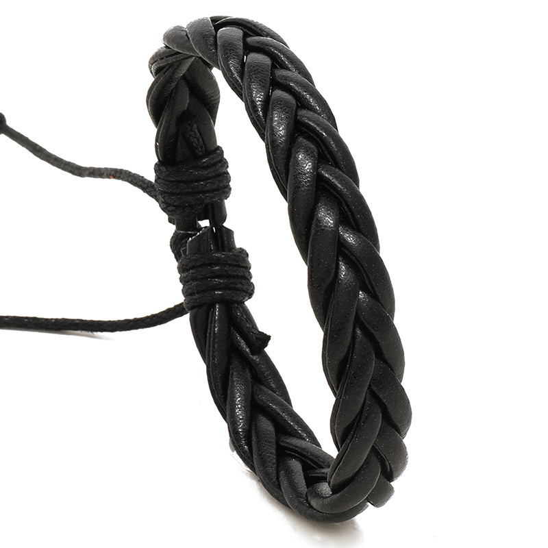 TEMU 1 Black Full-woven Bracelet, European And American Minimalist Style Adjustable Drawstring Men's Genuine Cord, Hand-woven Versatile Casual Wrist