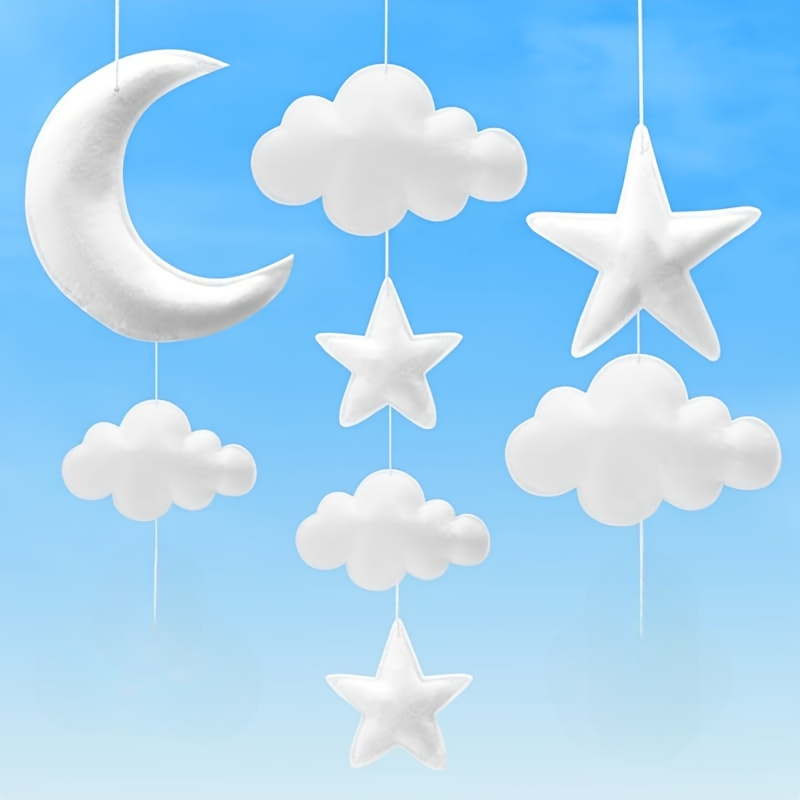 8pcs 3D Hanging Cloud Moon Star Decor - Reusable Felt Ceiling Decorations for Weddings, Christmas Parties & Art Installations, White Clouds with Golden Stars & Crescent Moon, Perfect for Creating a Serene Sky Scene, Wedding Decorations