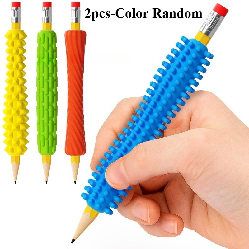TEMU Lot de 2 poignées de crayon -stress en silicone, couleur aléatoire, aide à l'écriture antidérapante, outil sensoriel relaxant, fourniture