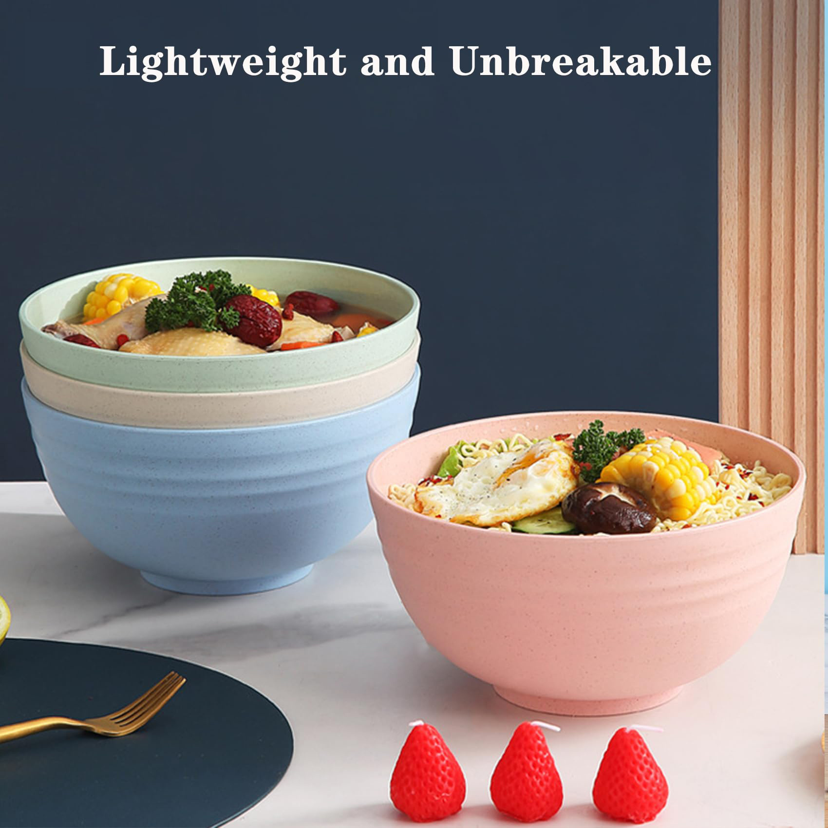 4 件装不易碎的谷物碗套装 - 24 盎司 pp 塑料碗，用于汤/米饭/谷物 - 微波炉和洗碗机安全 - 轻便餐具 - 家庭、露营和礼物的防碎设计（4 种颜色） 商品详情 0