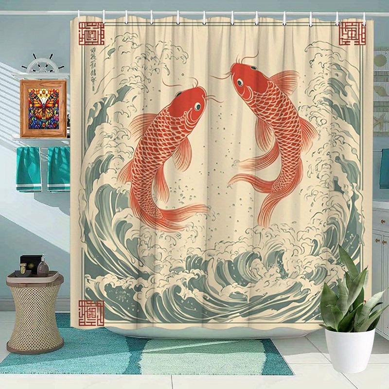 TEMU 1pc Traditional Japanese Art Red Koi Fish Shower Curtain, Washable Polyester Bathroom Decor With 12 Hooks, 70.8x70.8inches, Turbulent Sea Design