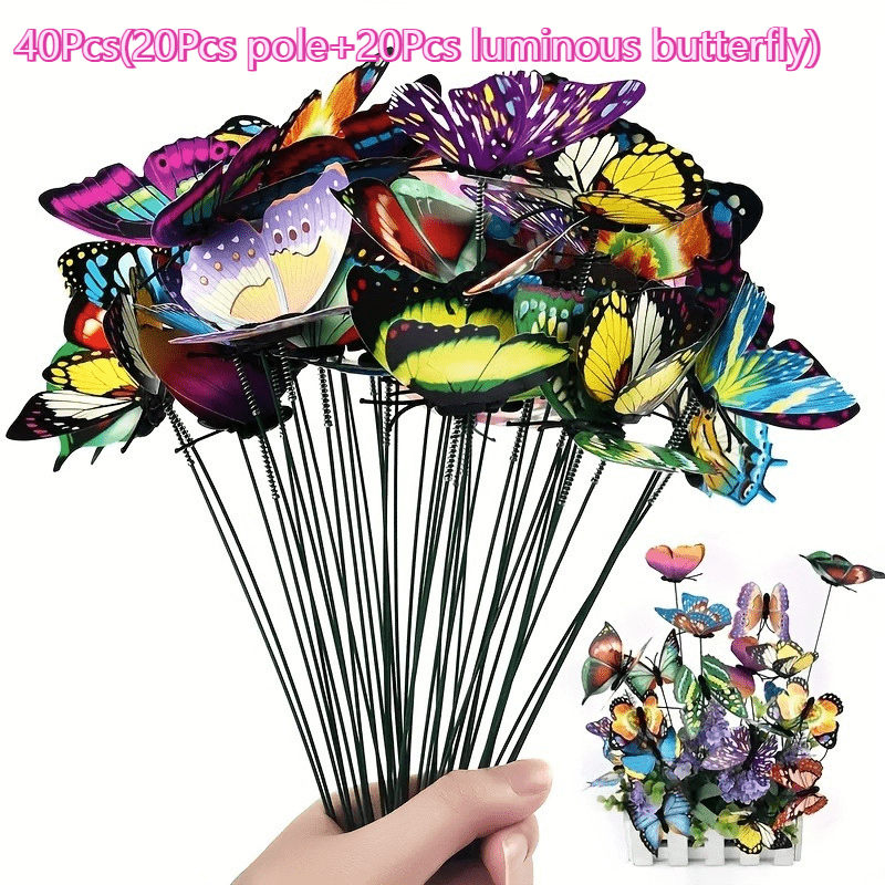 Image of 【3d】 [3d] 40-pack Luminous Garden Stakes, 20pcs -the-dark Butterflies With 20pcs Stems, 3.1in Wingspan 9.8in Height Decorative Stakes For Outdoor Patio, Lawn, Yard, Flower Bed, Party Decor