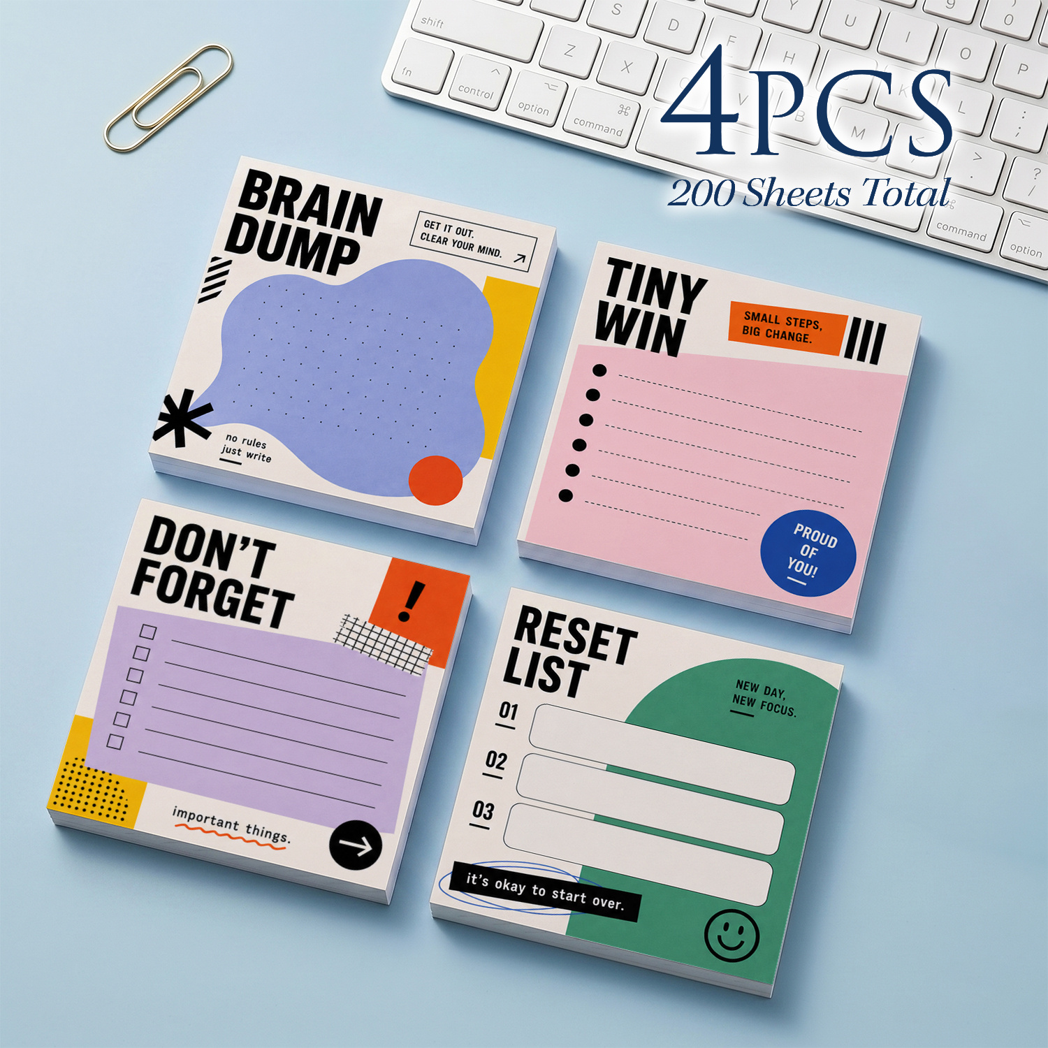 4pcs Set, 200 Sheets Total, Productivity Sticky Notes, 75x75mm (3x3 Inches), "" "tiny Win" "reset" List Memo Pads, Self-adhesive Reminder Notes For Office, School, Work, Desk