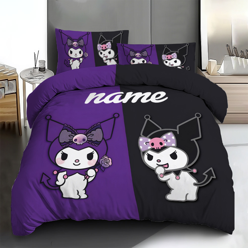 

3pcs Sanrio Kuromi Custom Name Bedding Set - Contemporary Style, 100% Polyester, Machine Washable, Duvet Cover And Pillowcases For Home And Use, , Bed Room Decor And Accessories