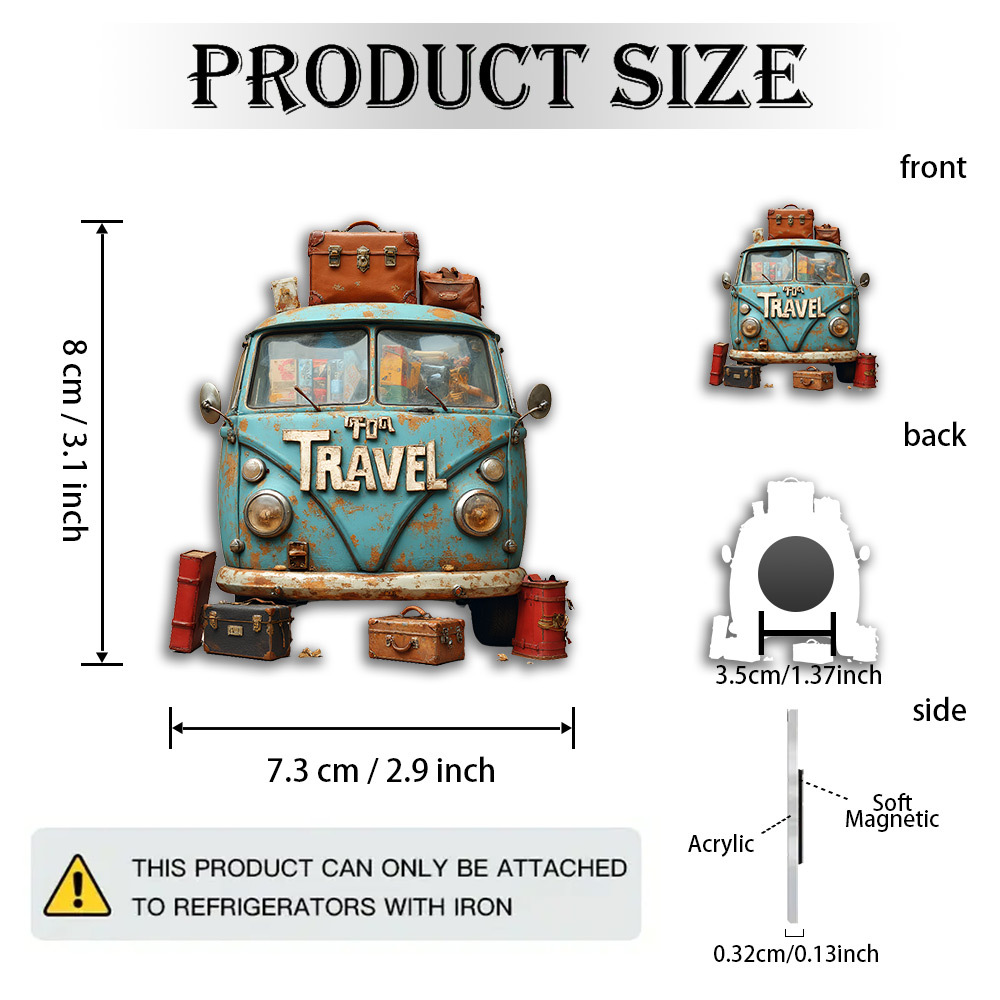 E-shop 1 Stück 2D-Flachmagnet aus Acryl und Gummi mit einem vintage blauen Van und verspielten Reise-Motiven im auffälligen Retro-Stil. Ideal für