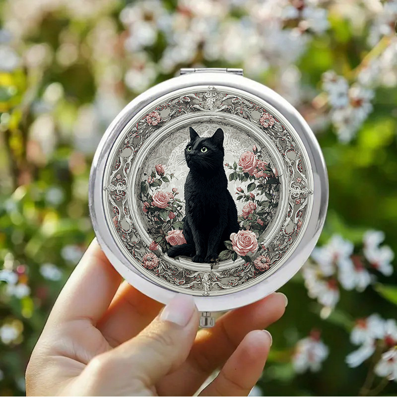 TEMU 1pc 2d Flat Vintage Makeup Mirror Featuring A Black Cat With Ornate Frame Embellished With Pink Roses Perfect For A Birthday Gift