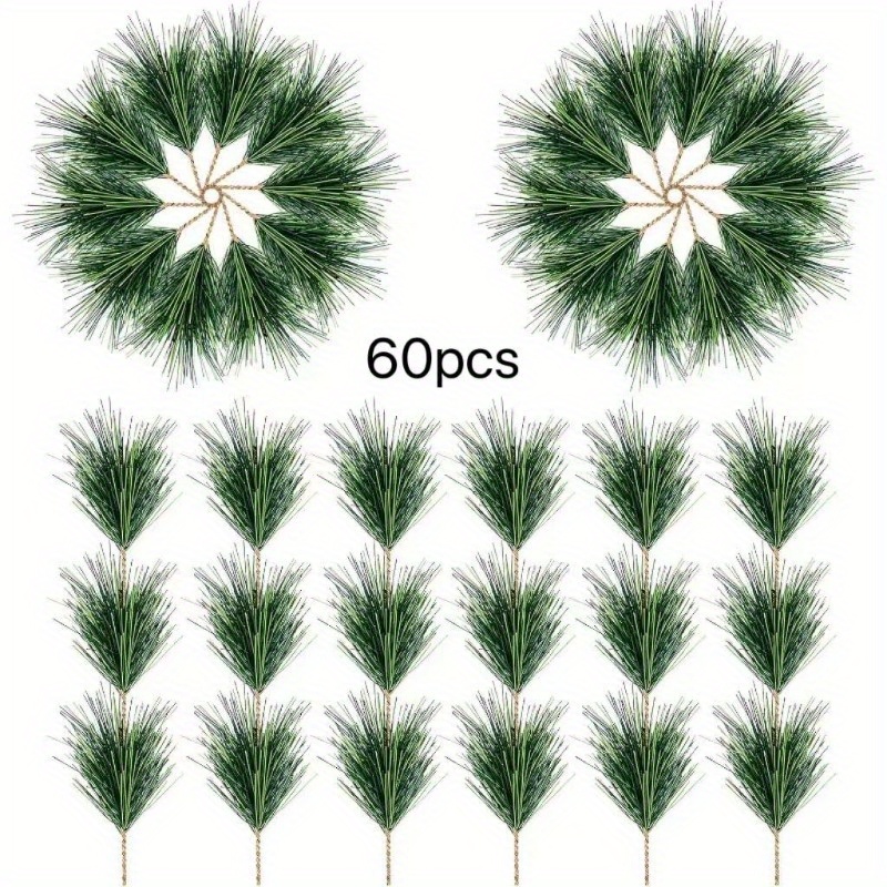 Image of 60pcs Of Artificial Needle Branches - Twig Stems For Decoration - Faux Greenery Pine Picks Suitable For Embellishing Christmas Garlands, Wreaths, And Home Holiday Garden Decor