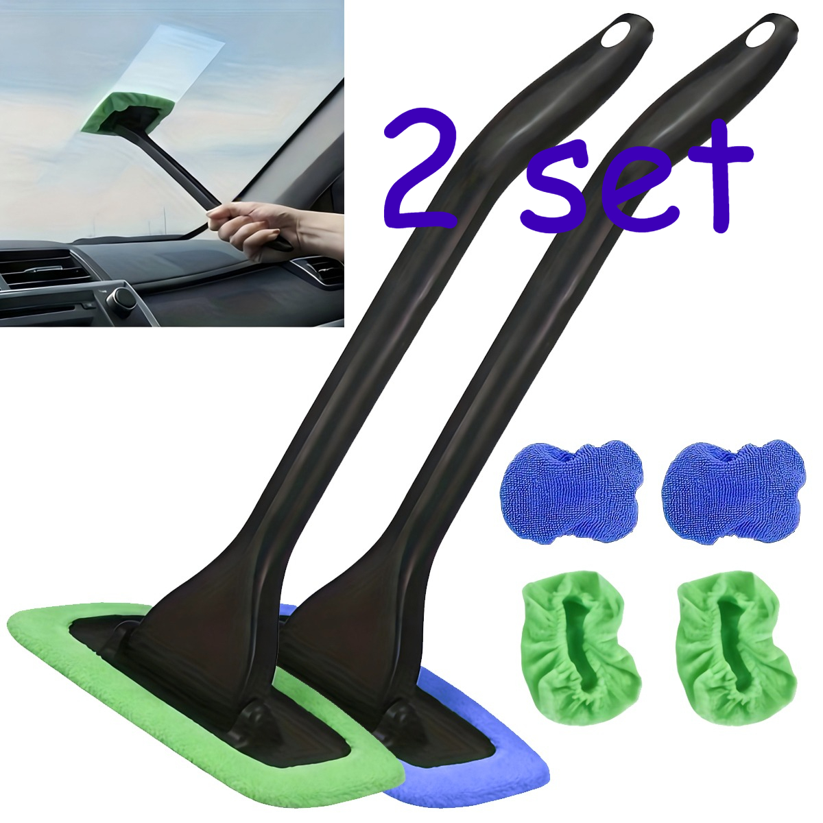 2 Set Car Windshield Cleaner Set - Long Handle Interior Window Brush With 6 Washable Cloths, Auto Glass Cleaning Tool For Dashboard And Mirrors, Blue Vehicle Accessory, Easter Gift