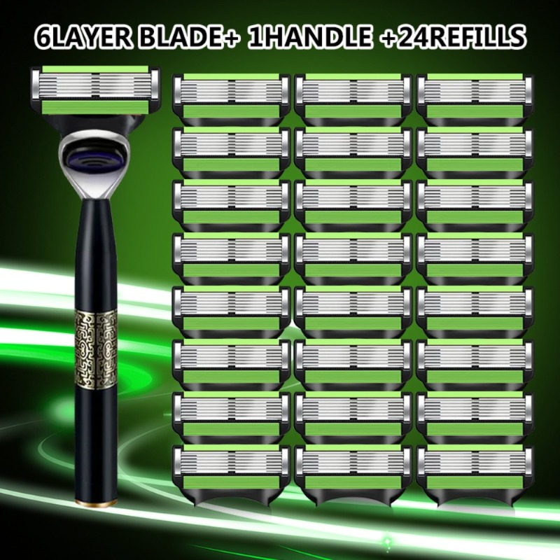 E-shop 1 Griff + 24 Klingen, 6-lagiges manuelles Sicherheitsrasierer-Set für Herren, hergestellt aus hochwertigem Edelstahl, mit glatter und