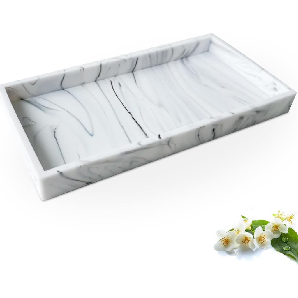 TEMU Plateaux décoratifs rectangulaires en marbre blanc, Plateaux de rangement pour coiffeuse et salle de bain, Organisateur pour baignoire et évier