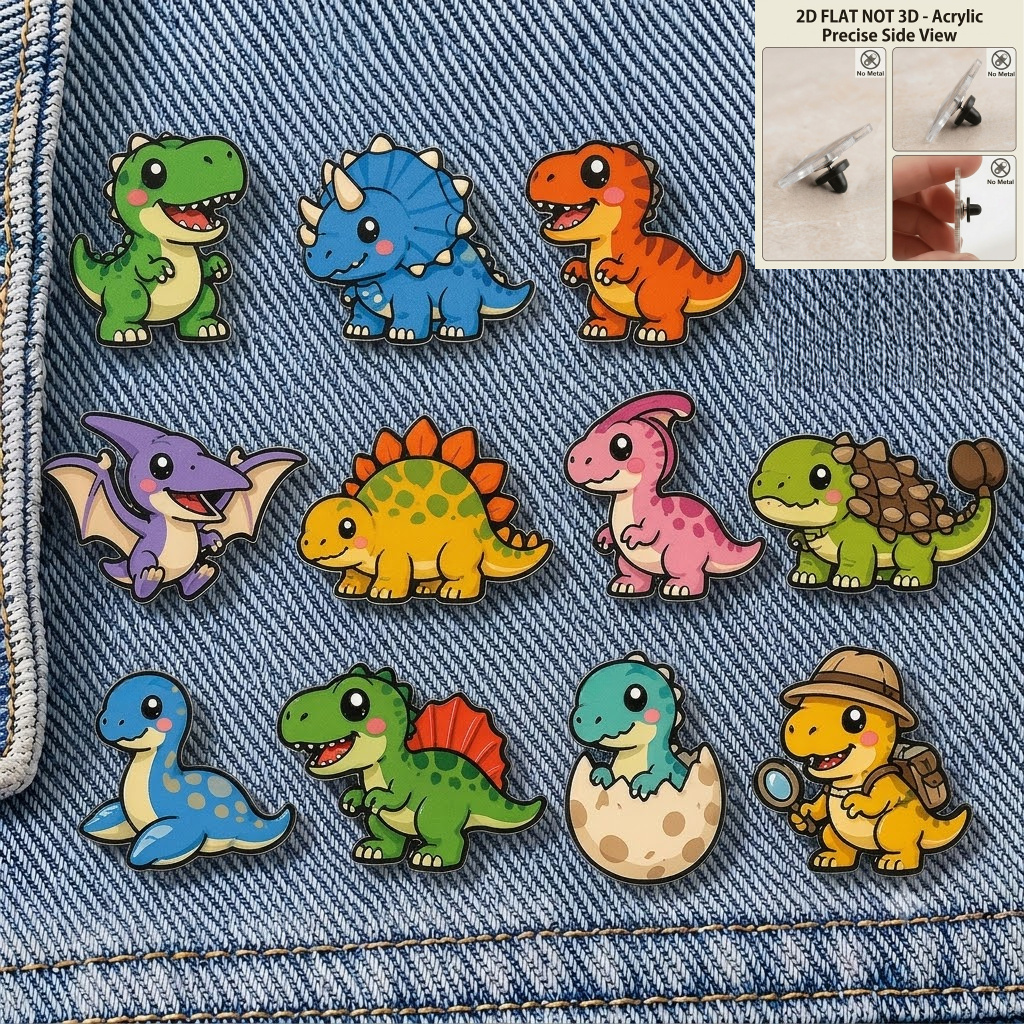 TEMU 2d Flat, 2d Flat Not 3d 11pcs Set Cartoon Dinosaur Badge Brooch, Cute And Dinosaur Pin Accessories - Acrylic Decorative Badge Pins, Colorful