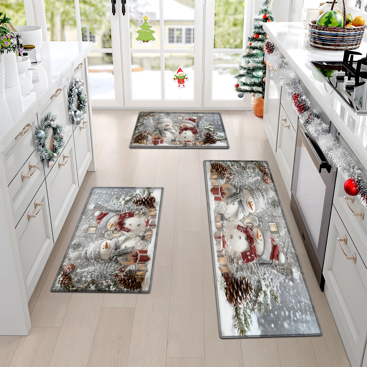 1/ 2/ 3pcs Snowman Merry Christmas Decorations Flannel Rugs Non Slip Washable, Throw Rug, Runner Rug, Floor Mat, Doormat, Living Room Laundry Bathroom Water-absorbing Mat Set, Area Rug, Decor