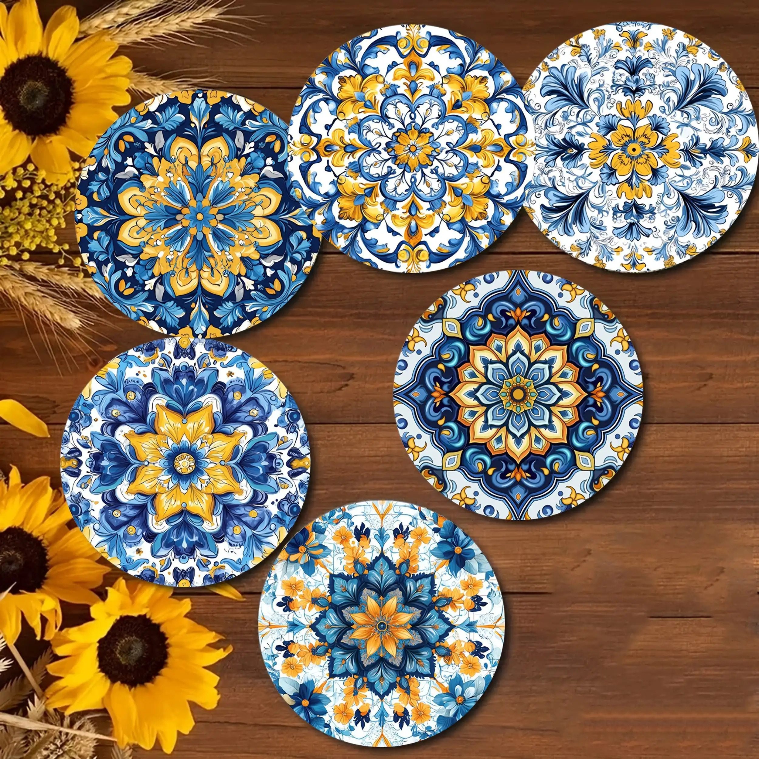 TEMU A Set Of 6 Vintage Mandala-style Wooden Round Coasters, Perfect For Bars, Home Gatherings, Cafes, And Office Lighting , Ideal For Home Decor And