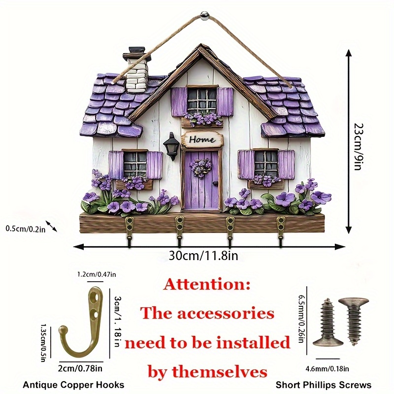 TEMU 2d Flat/piece Wooden Purple Multi-functional Hook With 4 Metal Hooks, Suitable For Porch, Room, Villa, Seasonal Home Decor, Key Holder, 2d Flat