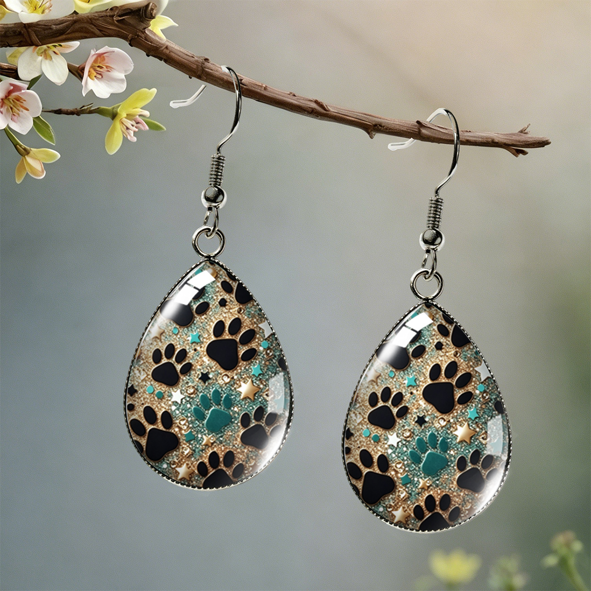 TEMU 1 Pair Of Trendy Paw Print And Star Pattern Teardrop Earrings, Unisex Ear Accessories