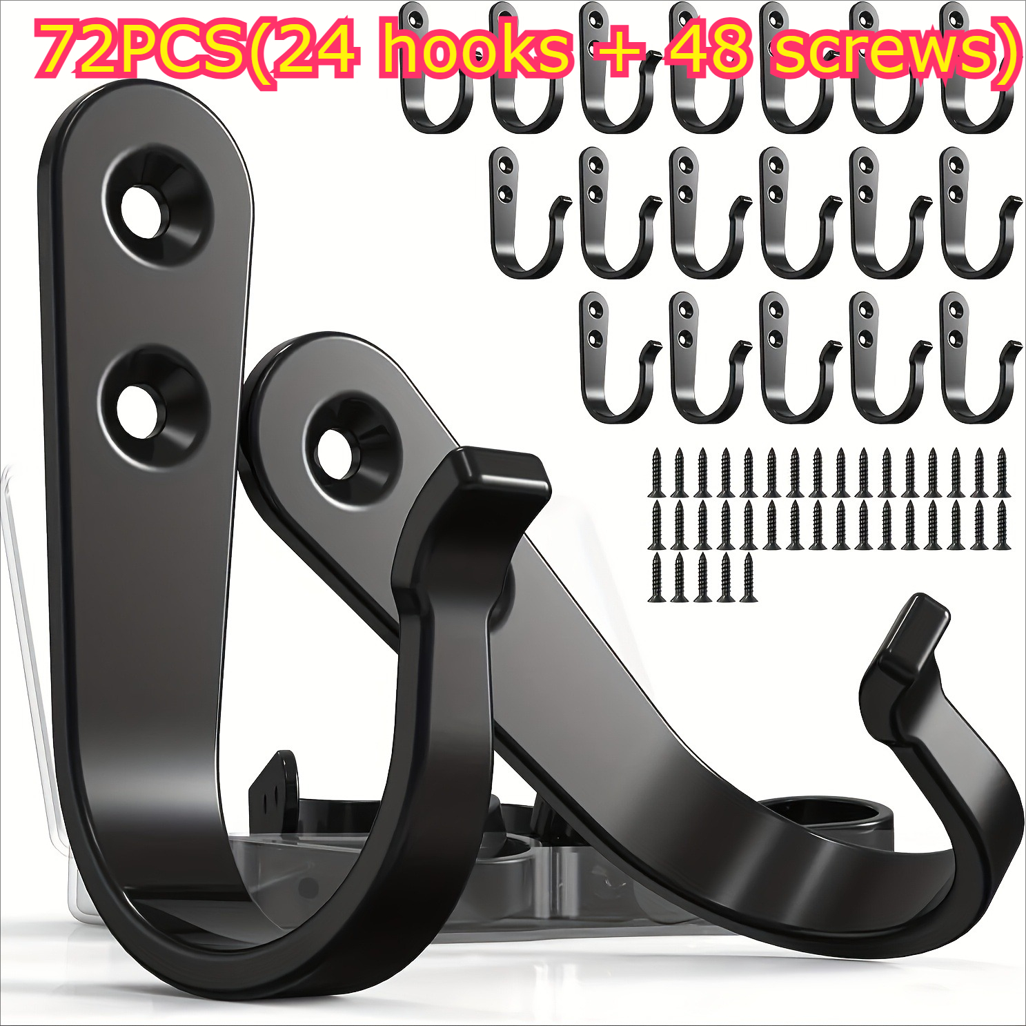 TEMU 72pcs Heavy-duty Hook Set (24 Hooks + 48 Screws) Industrial Metal Wall-mounted Wardrobe , Black Load-bearing Hooks, Suitable For Home And Office