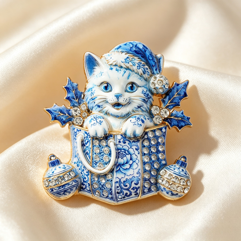 Vintage Rhinestone Cat Brooch, Holiday Gift Box