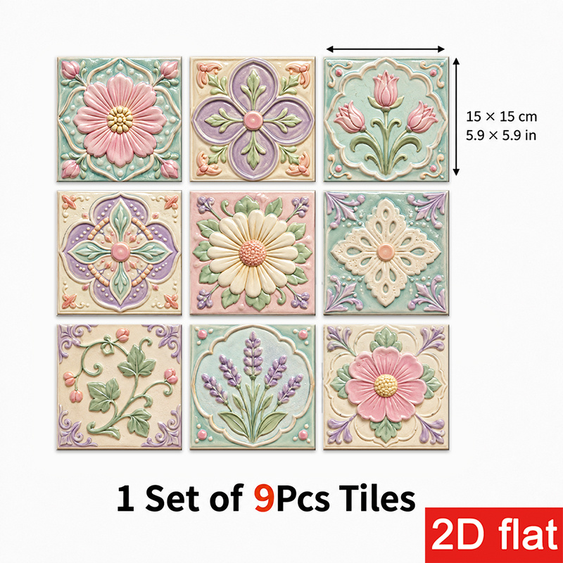 TEMU 2D 9 piezas 15X15Cm (5.9X5.9In) Adhesivos de Azulejos de Plomo Modernos - Azulejos de Pared Florales Despegables y Adhesivos para Salpicadero de