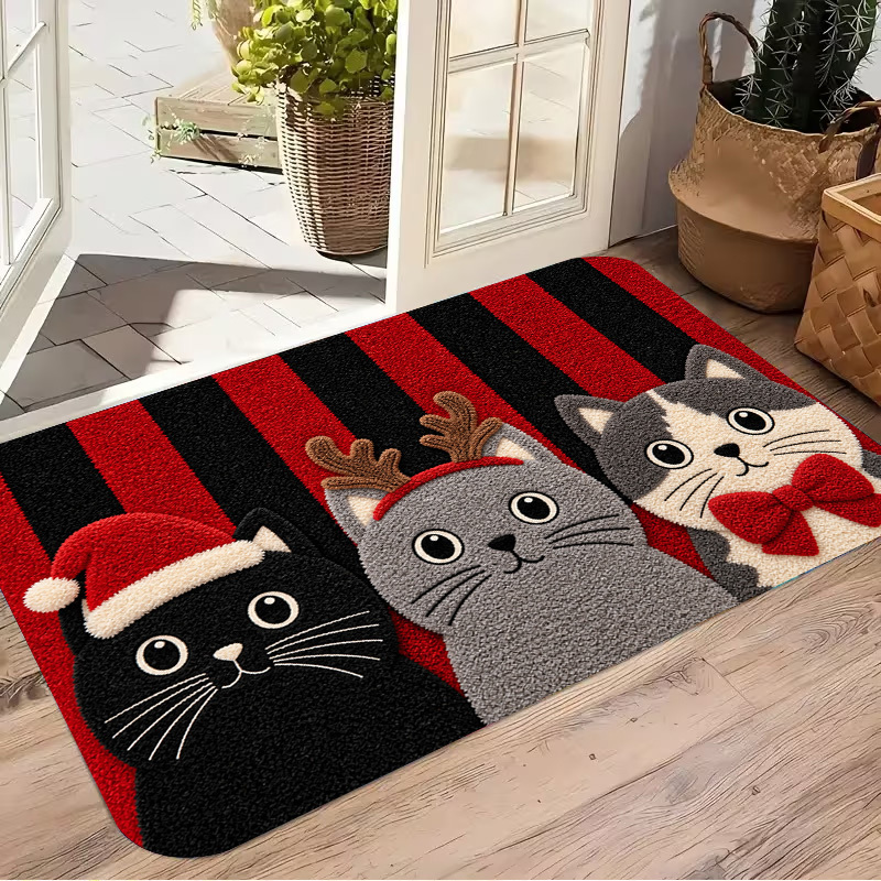 TEMU Tapis de Noël Chatons 3 Adorables Chats avec Chapeaux de Père Noël et Branches de Rénard Fond Rayé Motif d'Impression Plate 2D Tapis d'Entrée