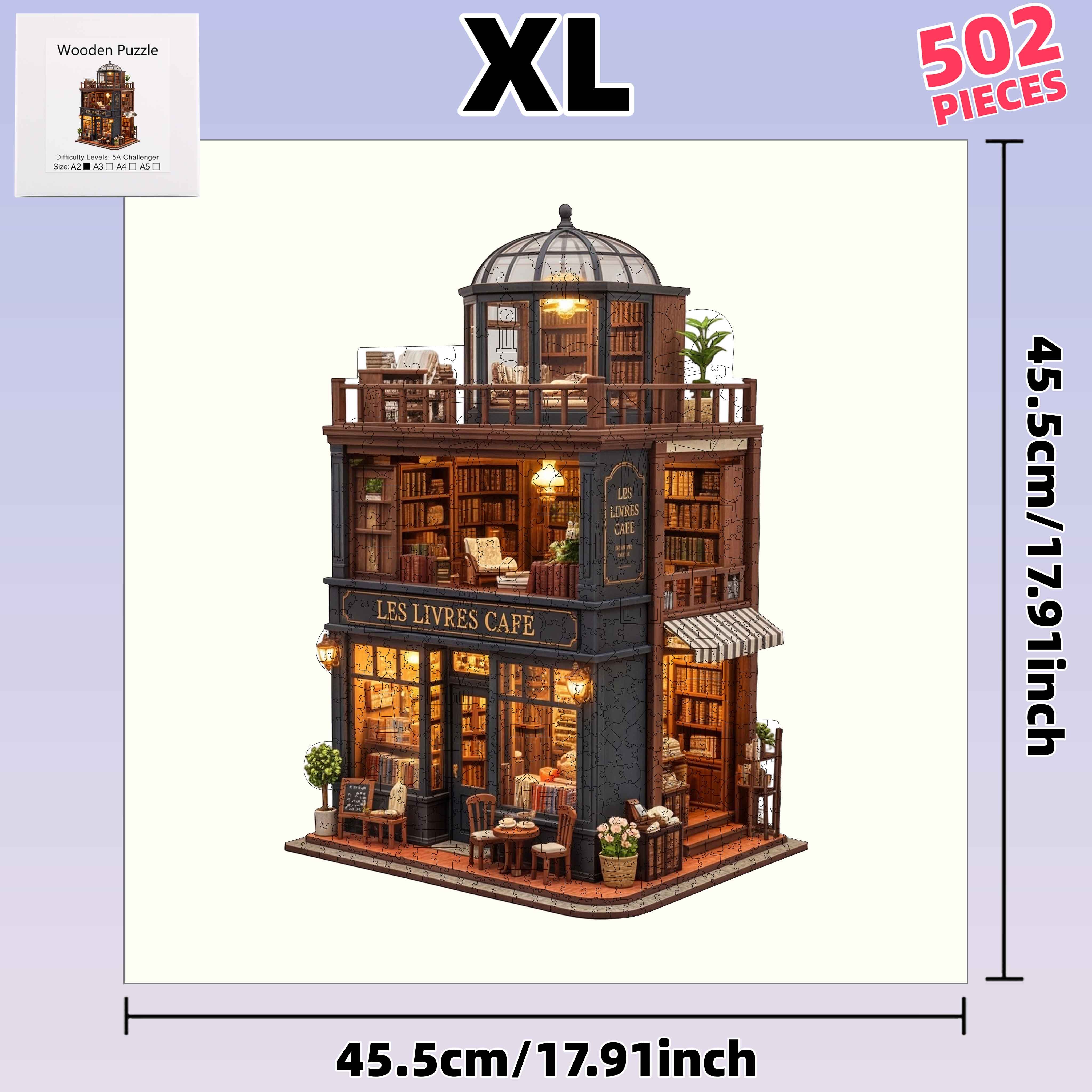 TEMU 502pcs Bookstore Cafe Model - High Difficulty Irregular Shape Wooden Puzzle - Premium , Vibrant Colors - Toy 14+ - Ideal Gift For Thanksgiving,