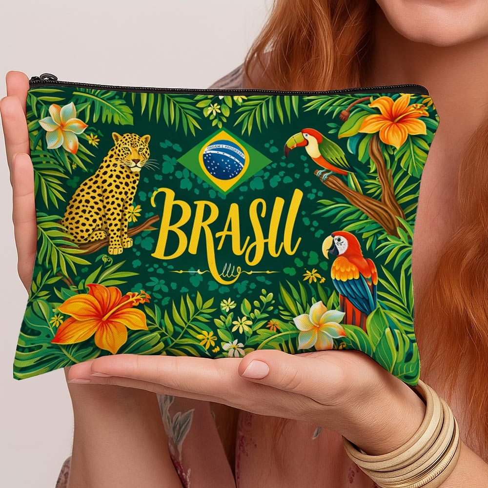 TEMU 1pc Tropical Style Decorative Makeup Bag - Jungle Parrot Leopard Print Brazilian Zipper Multi-functional Travel Toiletry Organizer Bag, With