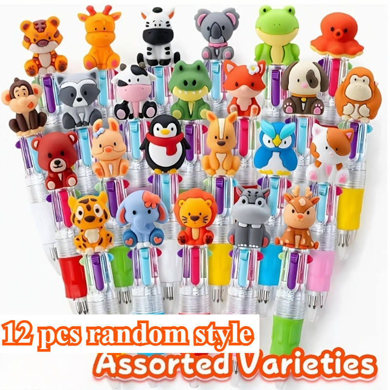 TEMU Set da 12/22 pennini Zoo a 4 colori stile mini casuale, penna portatile quattro in uno, adatta per regali di compleanno e a tema animali, regali