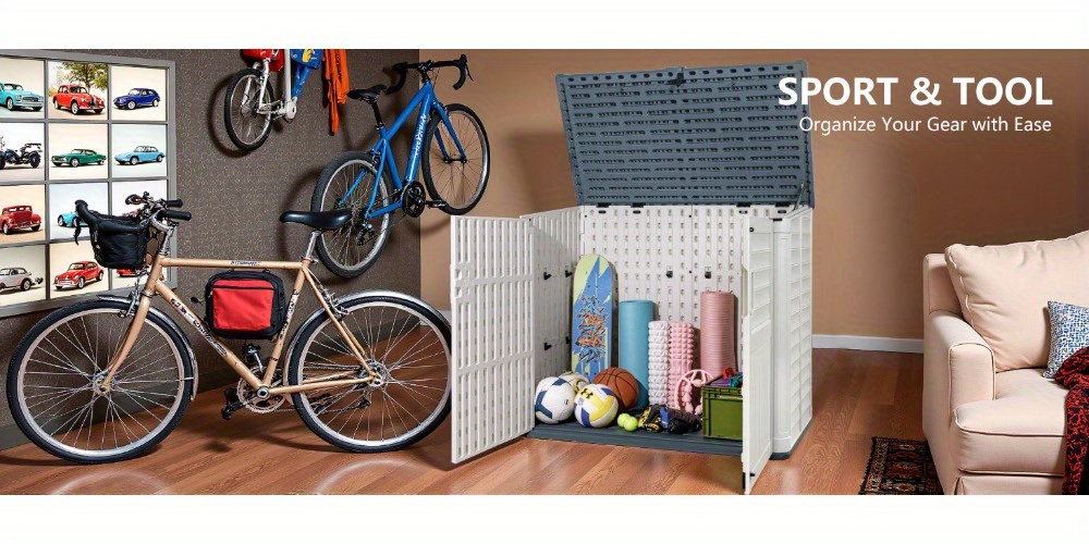 Devoko 34 Cu Ft Resin Outdoor Storage Shed - Waterproof Double Lock Security, No Shelf Design for Trash Can, Garden Tools & Pool Supplies, Durable Weather-Resistant Beige Organizer with Ventilation & Easy Assembly, Outdoor Storage Shed, Tool Organization, Ventilated Design, Sturdy Construction, Storage Sheds