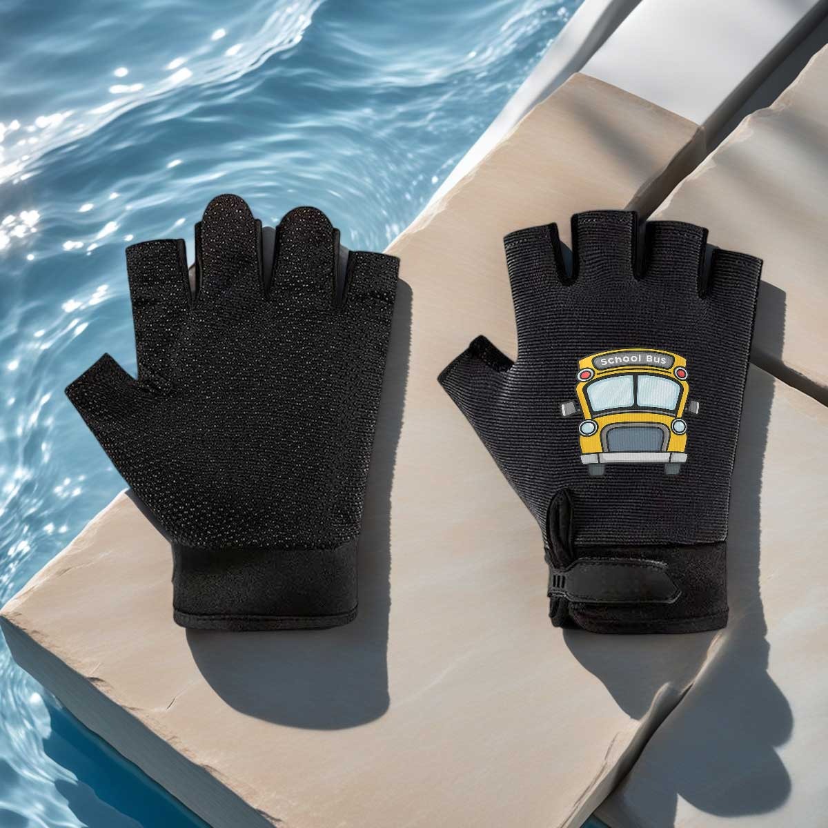TEMU 1pair School Bus Design School Bus Fingerless Gloves Polyester Adjustable Breathable Lightweight For Hiking Camping Fishing Gym Sports Training
