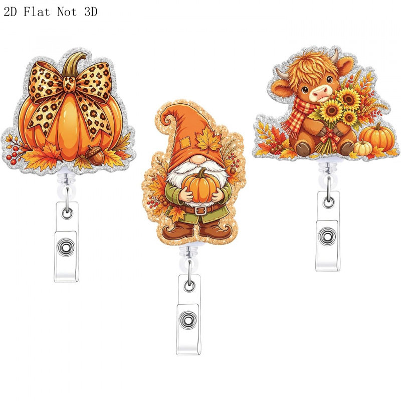 TEMU 2d [2d] 3pcs Set Autumn Badge Scroll Retractable Pumpkin Lanyard Clip | High-end Cow Acrylic Name Badge Clip, Suitable As A Gift For