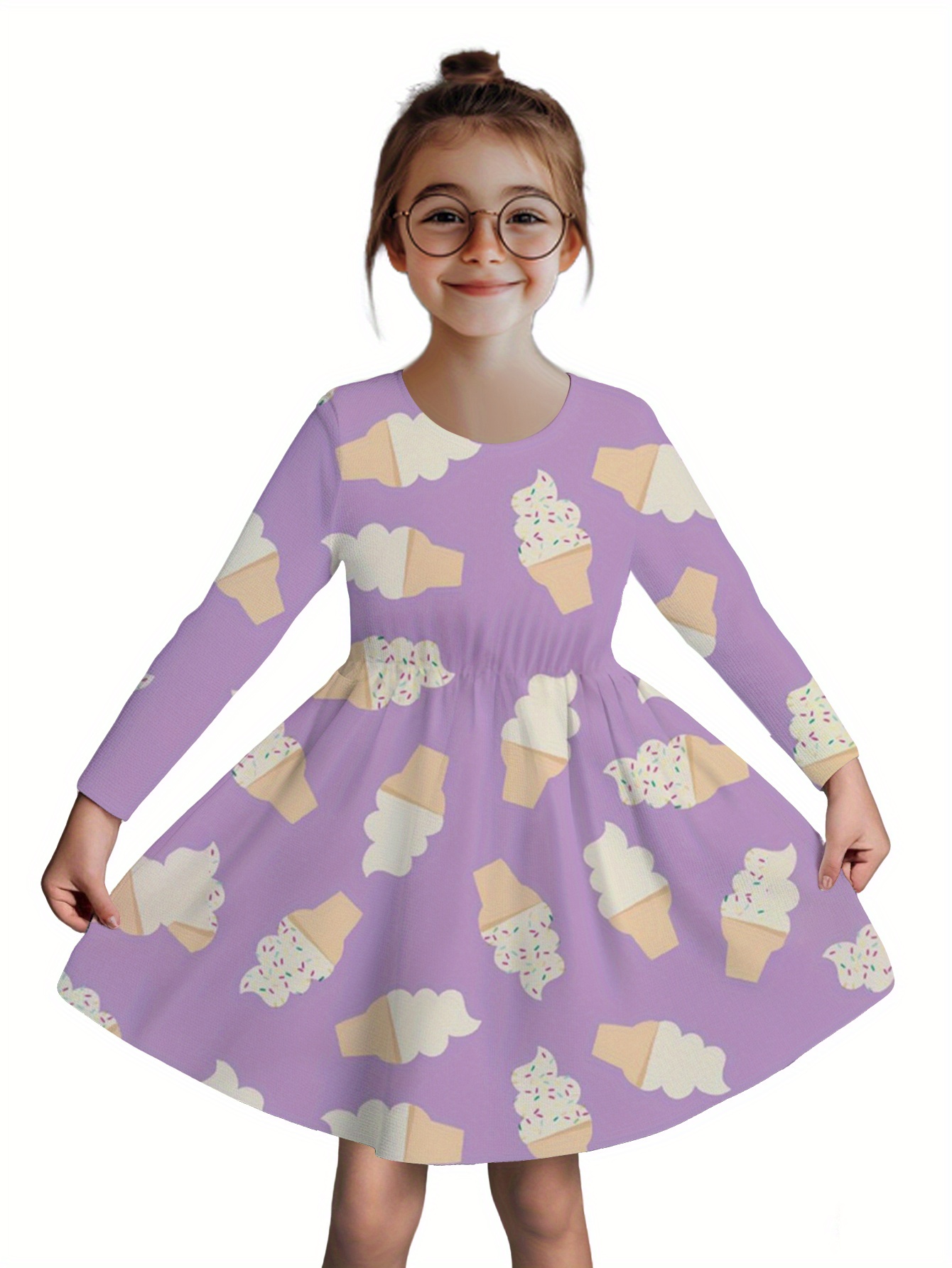 Girls Long Sleeve Dress with Ice Cream Cone Print -   & White, Machine Washable Polyester, Round Neck,   Halloween, Christmas, Birthdays & Outdoor Activities, Casual Spring/Summer/Fall Wear, Festive Outfit,   Design,  
