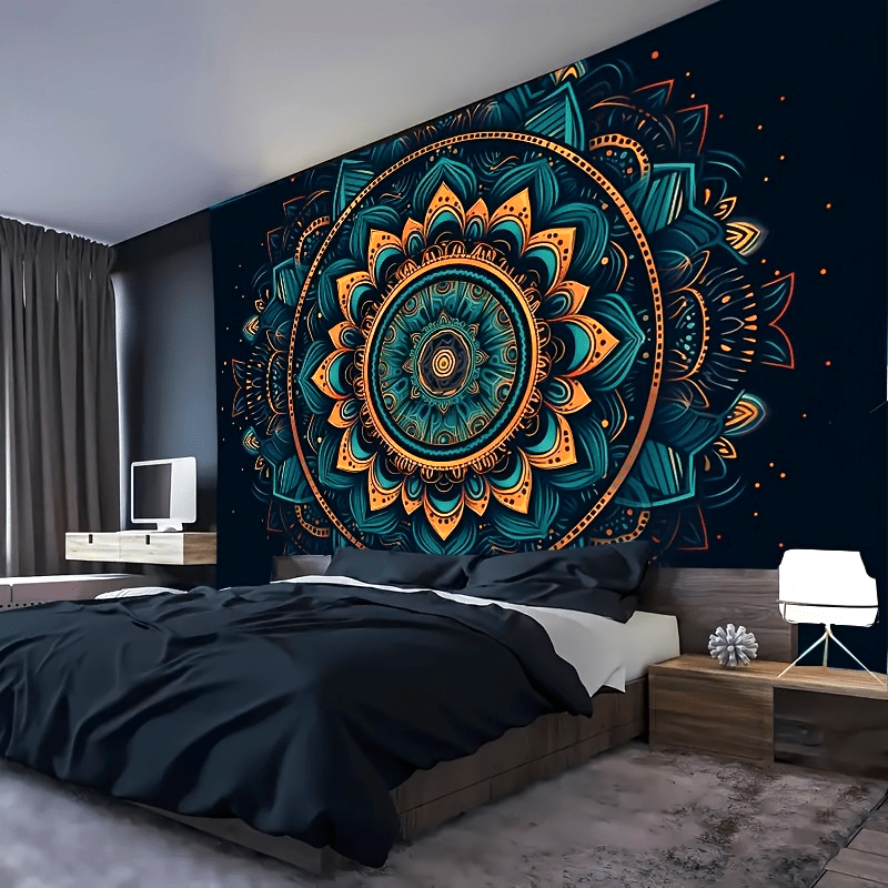 TEMU 2d Flat, 1pc Vintage Mandala Banner - Bohemian Blue Green Golden Orange Black Wall Art Decor, 85gsm Polyester Fabric For Living Room, Bedroom, &