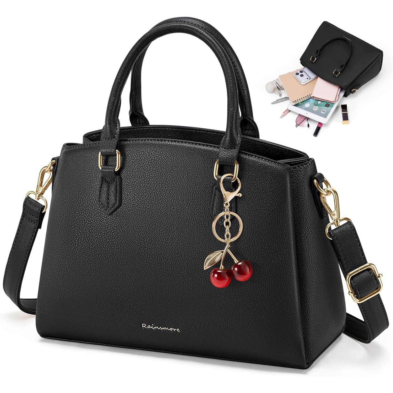 Image of Rainsmore Women's Medium Handbag Fits 11 Inch Tablet Shoulder Bags With Removable Shoulder Strap Handbags For Shopper Office Work, Black