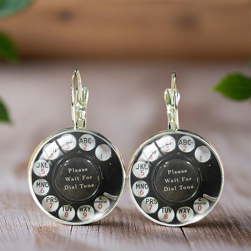 Vintage Telephone Round Earring Trendy Handmade Dome Earrings, Without Battery