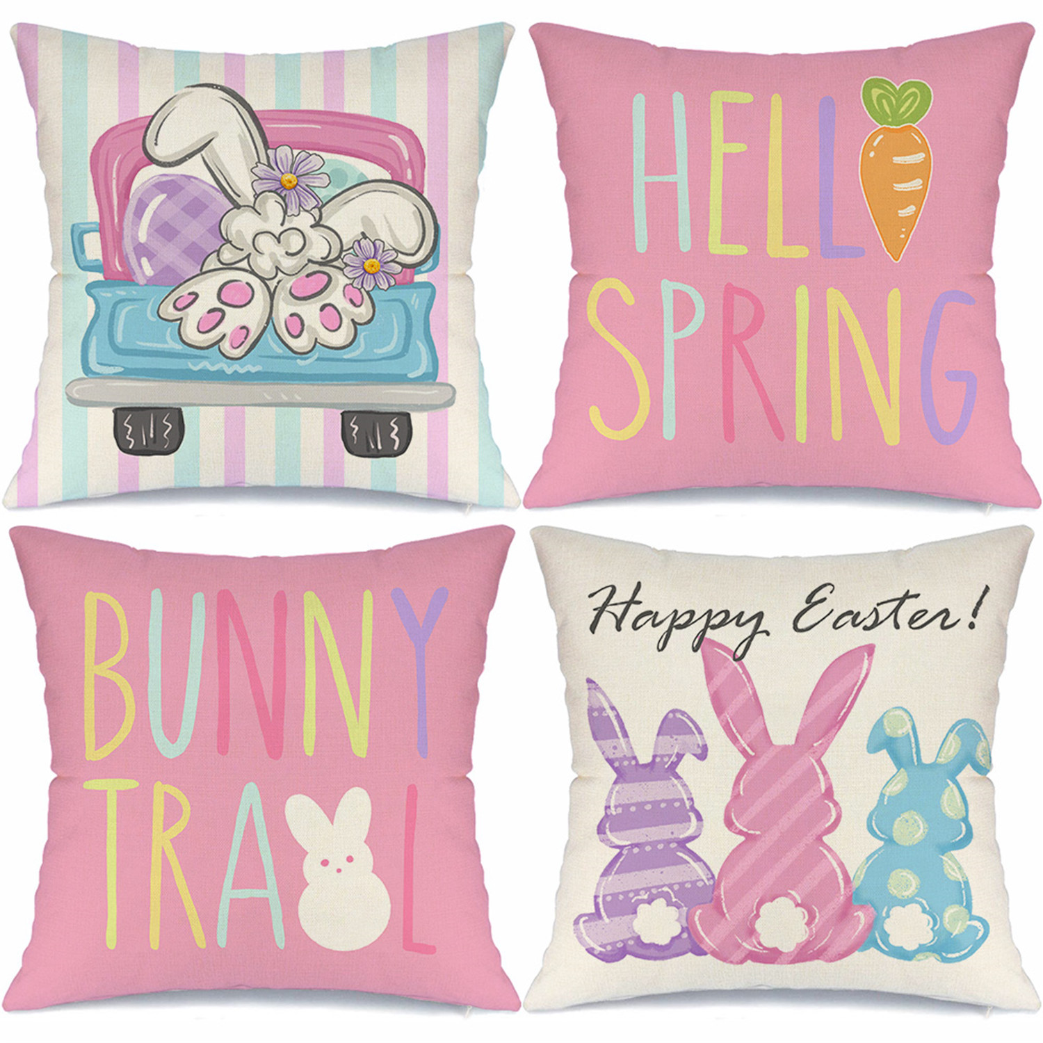 

4-pack Traditional-style Easter Throw Pillow Covers, 18x18 Inch, Machine Washable, Zipper Closure, Woven Decorative Cushion Covers For Living Room Sofa - Bunny, , And Spring