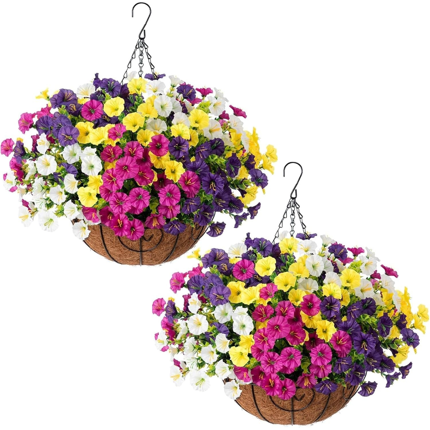 2 sets of artificial hanging flower baskets for outdoor use including 2 hanging flower pots and 28 simulated uv resistant   flowers suitable for spring and summer decoration multi color on   courtyards   and