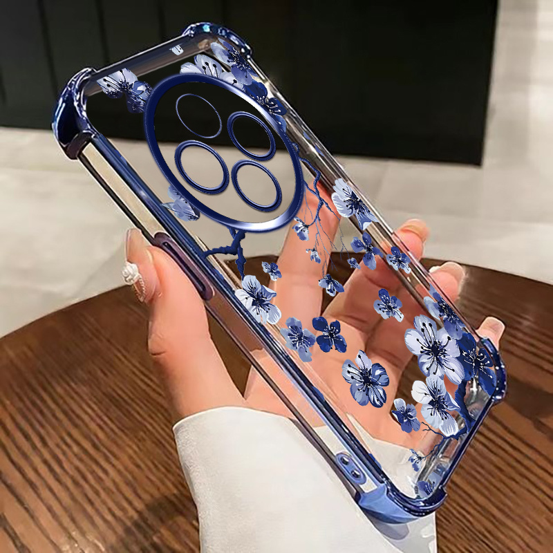 TEMU Phone Case: Suitable For Redmi 14r 14c 4g 4 Anti Fall Corners Phone Case With Blue Porcelain Plum Floral Pattern And Best Gift Elements( Black