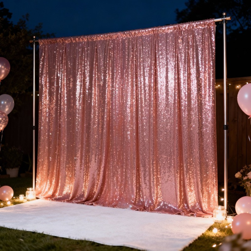 TEMU 1pc Of High-quality Rose Golden Sequin Pole-through Backdrop Curtain, Romantic Wedding Backdrop Rose Golden Sequin Pole-through Curtain, Party