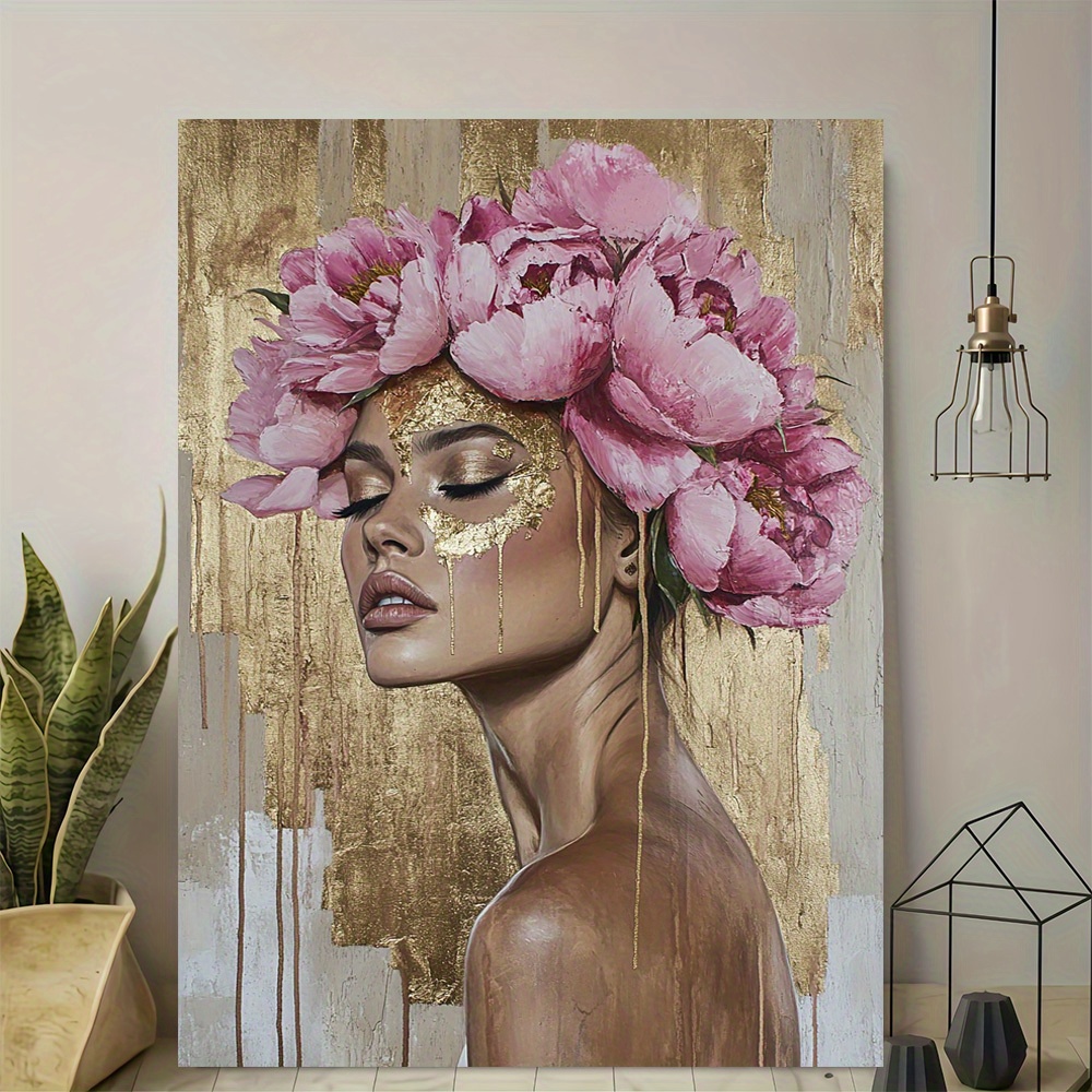 E-shop Rahmenlose Leinwand-Wandkunst - Porträt einer Frau mit Blumenkrone im modernen Vintage-Art-Deco-Design, Hochwertig Gedrucktes Vertikales Poster