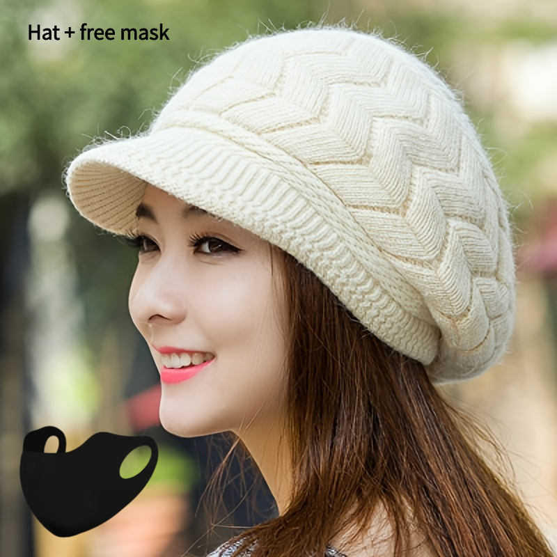 TEMU Conjunto de 2 piezas, 1 gorro y 1 máscara para mujer, gorro de invierno con visera, gorro vintage estilo periodista para montar al aire libre -