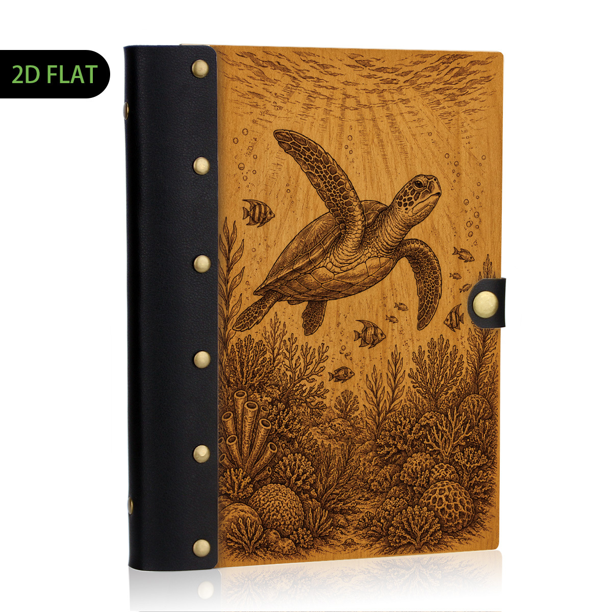TEMU 1pc Leather And Wooden Hardcover Notebook Design, 2d Flat Sea Turtle Journal Diary, Rustic Wood Grain Underwater Line Art, Travel Writing Office
