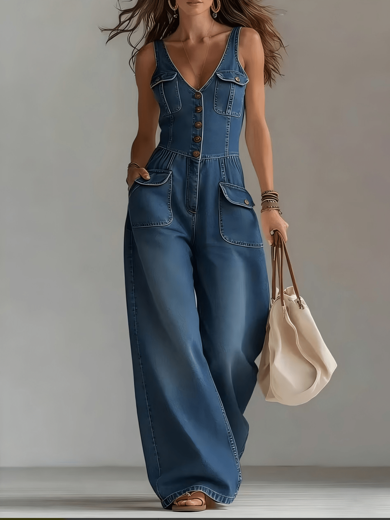 waist tightened washed denim jumpsuit straight leg loose sleeveless overall jumpsuit