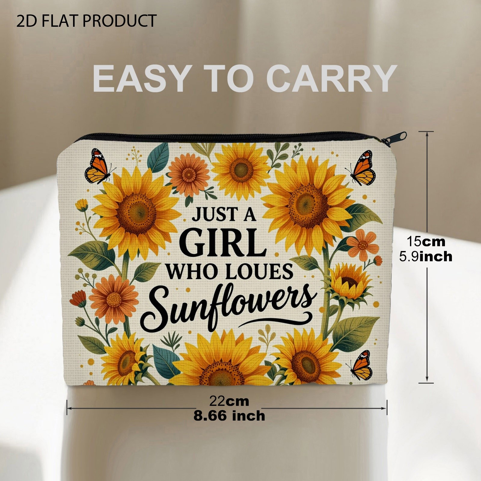 TEMU Vibrant Sunflower Floral Print Cosmetic Bag, " Who Sunflowers" Lettering Design, Soft Polyester Makeup Pouch Measuring 5.9in X 8.66in With