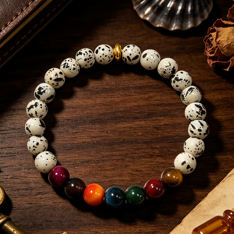Unisex White Bead Bracelet with Black Speckles & Tiger's Eye