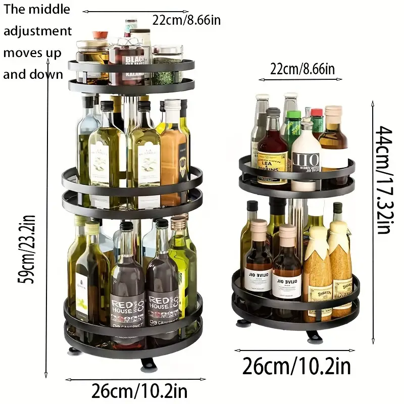 2 tier rotating kitchen storage rack multipurpose metal and plastic floor standing organizer for spices cosmetics kitchen pantry and bathroom metal pipes easy assembly utility racks Product details 2