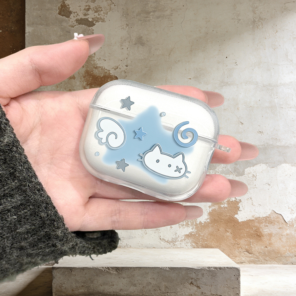 TEMU Cute Kitten, Stars, Transparent Protective Case, Suitable For Airpods 3/4/pro//pro3, Made Of Lightweight, Durable, And Soft Tpu Material,