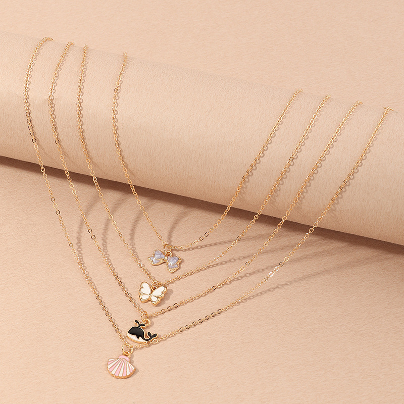 4pcs Cartoon Whale & Seashell Pendant Necklace Set for Girls