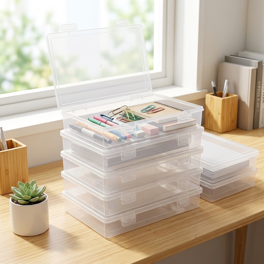 TEMU 5pcs Large A4 Size Clear Plastic Document Boxes, Stackable File Storage Organizer Case With Snap-tight Lid, Desktop Paper Magazine Craft Project