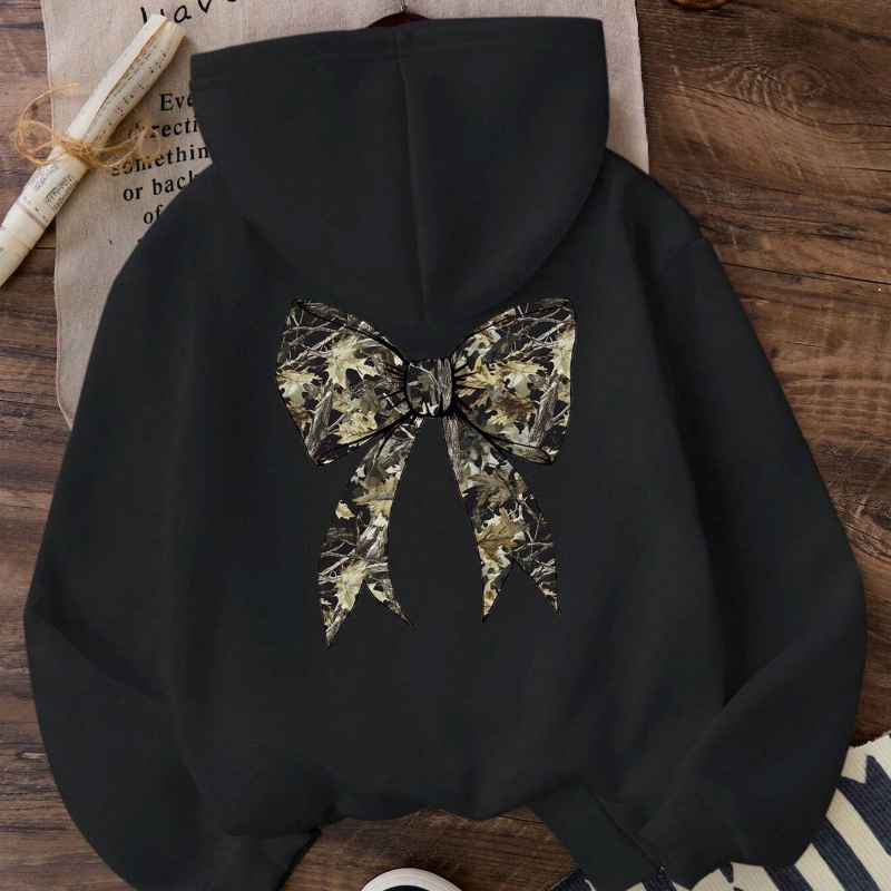 Women's Casual Black Hoodie with Camouflage Bow Print - Drawstring Hooded Sweatshirt, Polyester, Machine Washable for Fall & Winter, Sweater Hoodie
