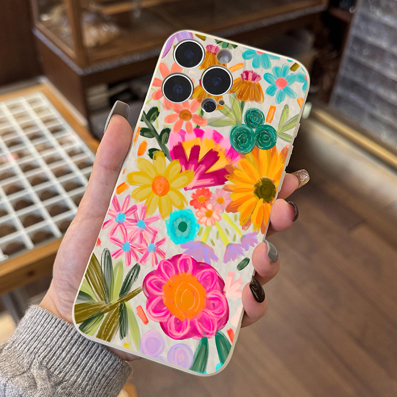 Dopamine Flowers Pattern Case for iPhone 16 15 14 Pro Max 13 12 11 XR XS Plus Liquid Silicone Full Body Protective Cover with Microfiber Lining Gifts for women girls