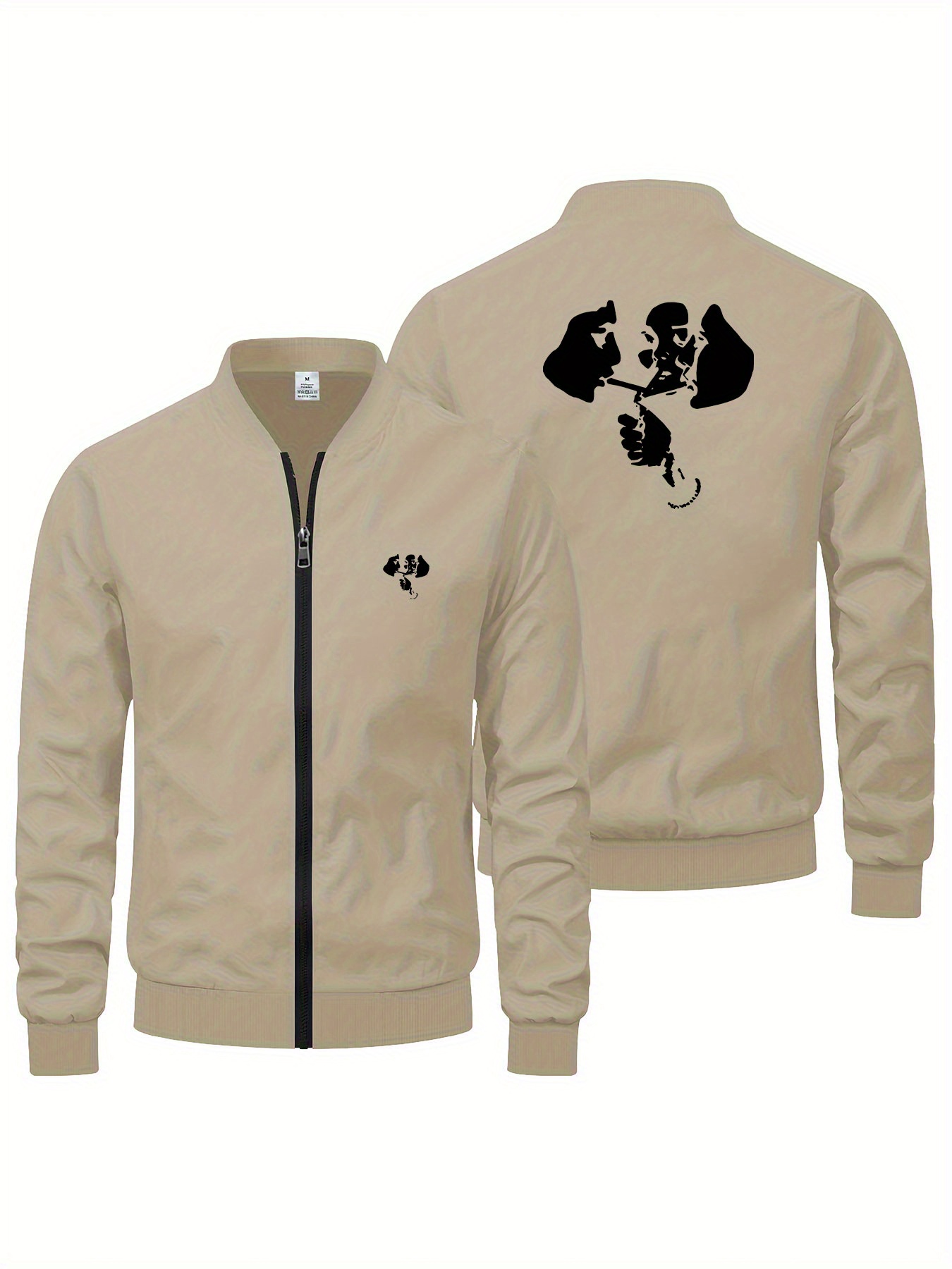 Men s  -Fit Full-Zip Smoking cigarette & cigarette butt back print Jacket - Stand Collar Winter Coat, Machine Washable Black Outerwear for Casual & Formal Events - Minimalist Smoking Silhouette Design (No Lining) - Ideal for Cold Weather & Casual Attire - Stylish Men s Fashion with Zip Closure & Functional Pockets - Trendy Casual Jacket for Autumn/Winter  